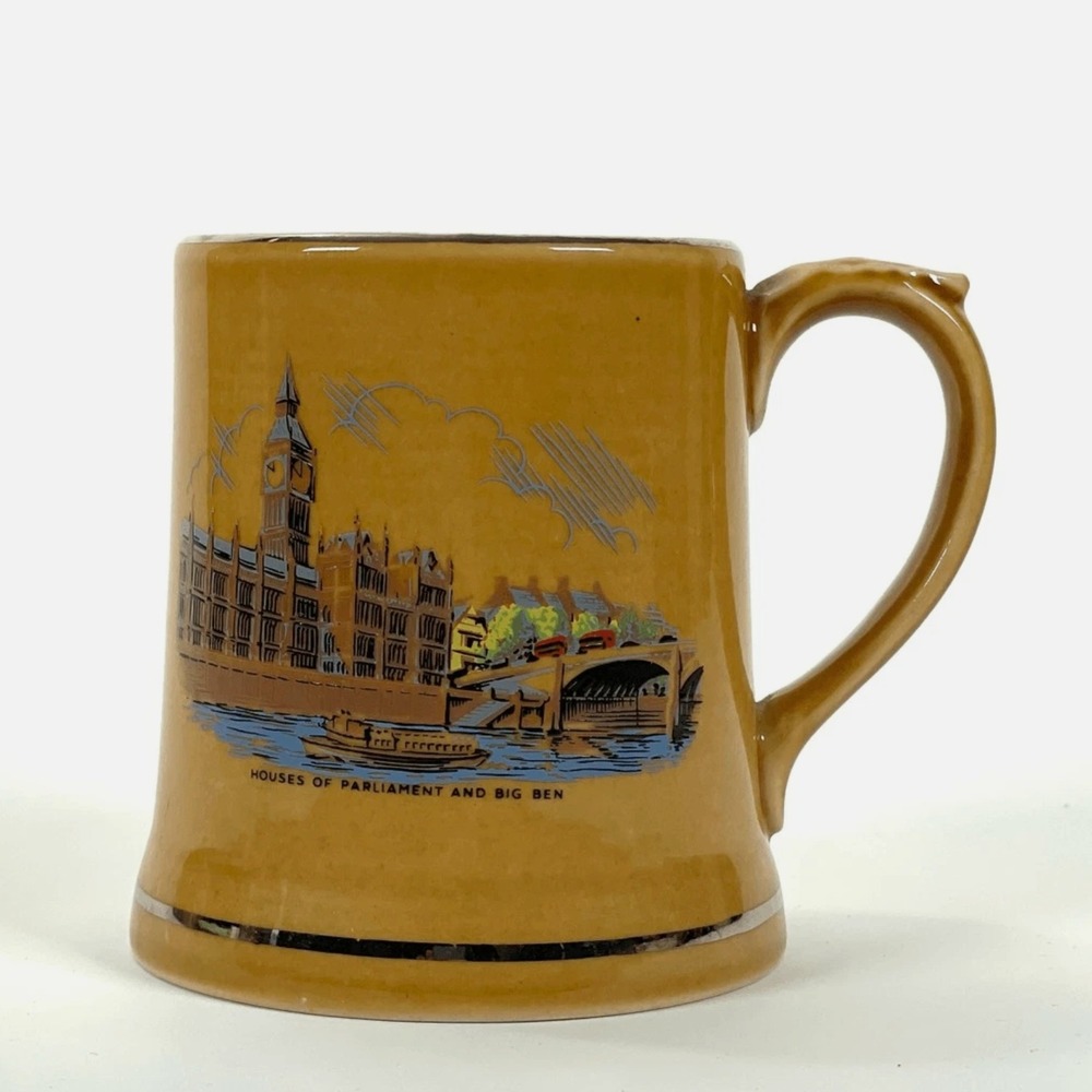 Vintage WADE Ireland Porcelain Mug Mustard Yellow Gold‎ Big Ben Landmark Coffee